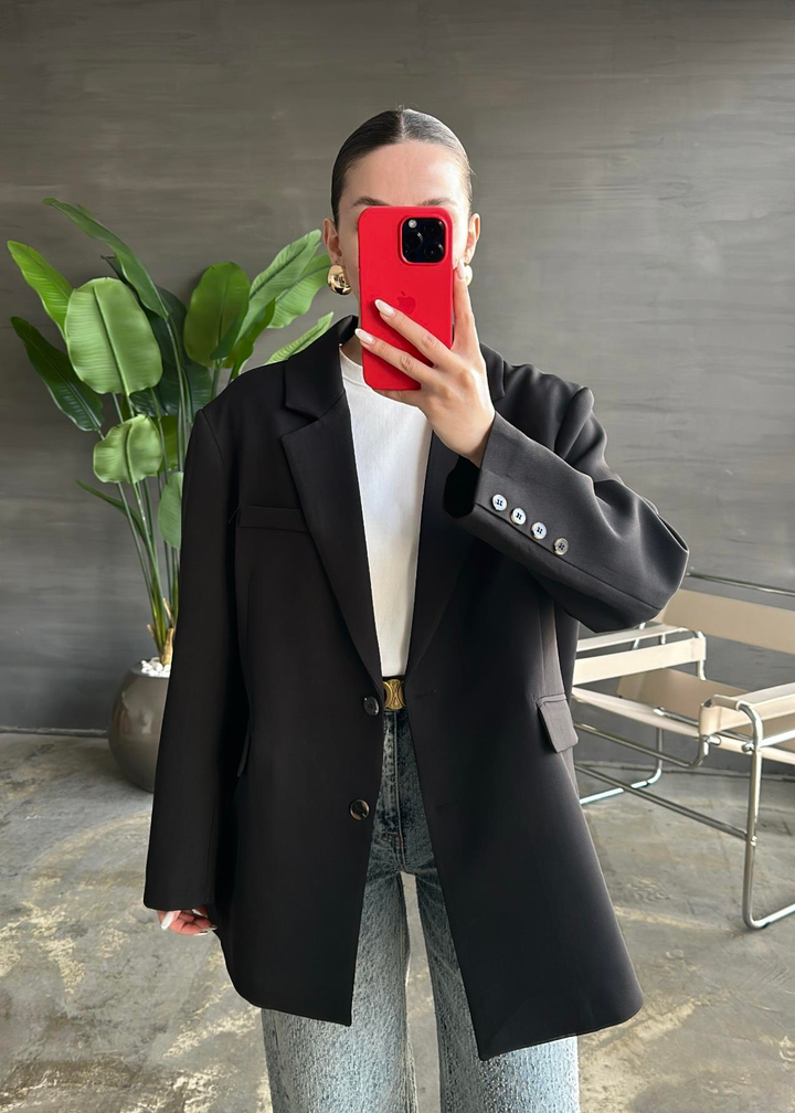 Düğmeli Oversize Ceket SİYAH
