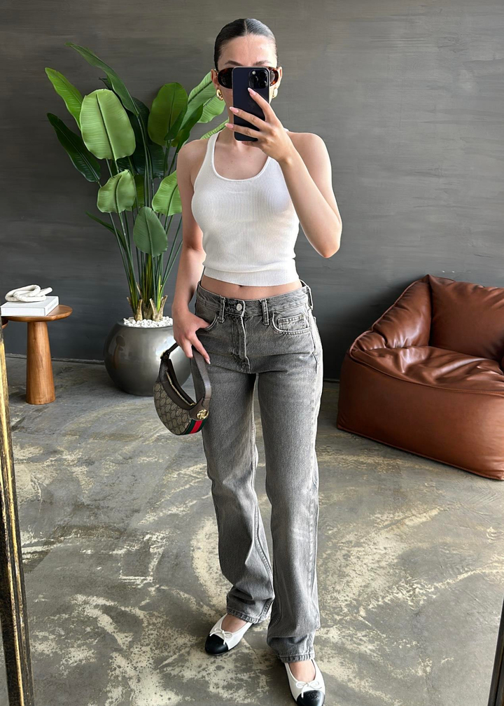 Düşük Bel Düz Paça Jean GRİ