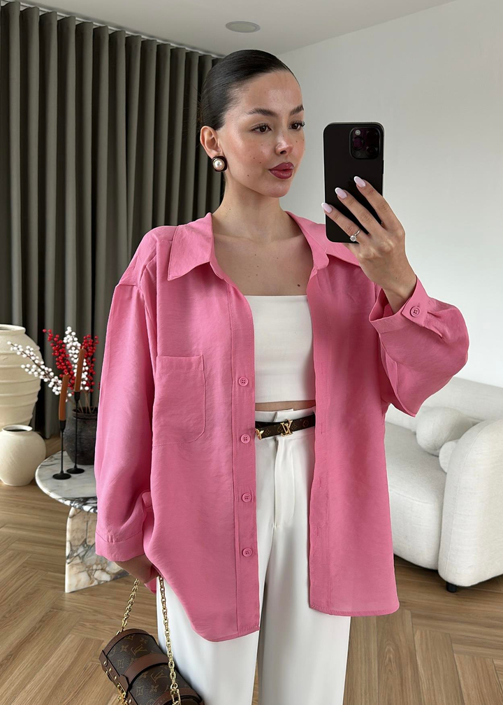 Düşük Omuzlu Tensel Gömlek ŞEKER PEMBE