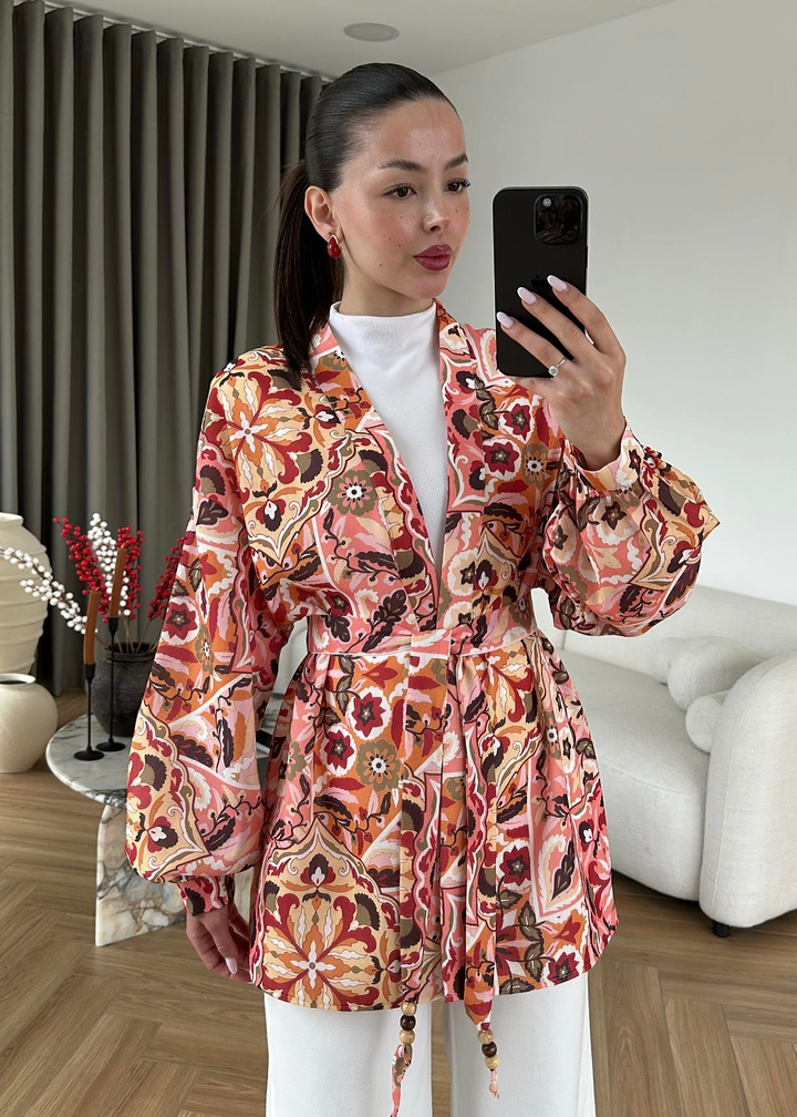 Ebru Desenli Keten Kimono RENKLİ
