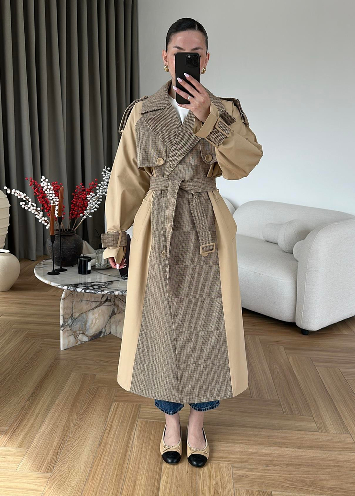 Ekoseli Reglan Trençkot CAMEL