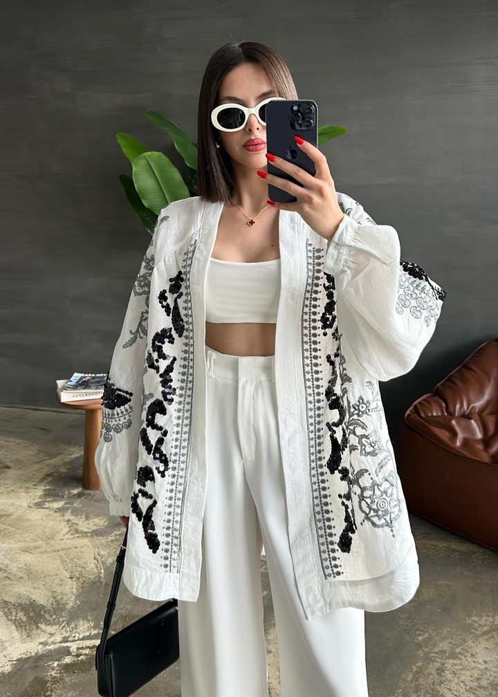 Elina Pullu Nakışlı Kimono BEYAZ