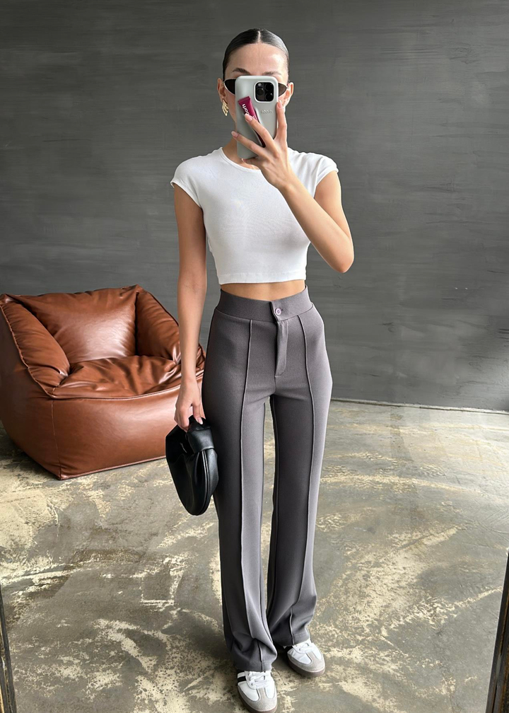 Enine Boyuna Likralı Pantolon FÜME