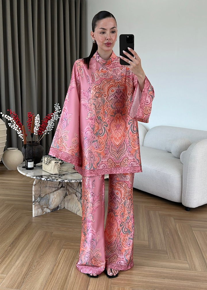 Etnik Desen Saten Takım PEMBE