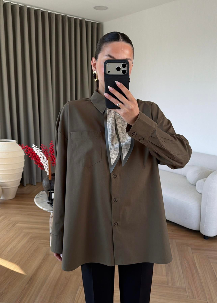 Etnik Fularlı Poplin Gömlek HAKİ