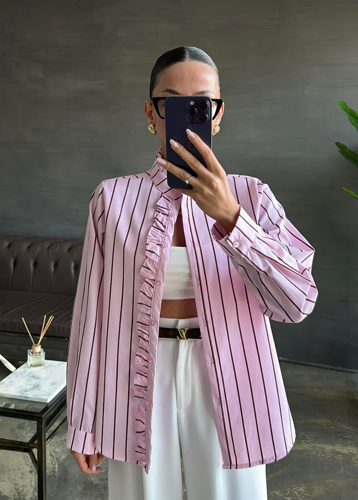 Fırfırlı Çizgili Poplin Gömlek PEMBE