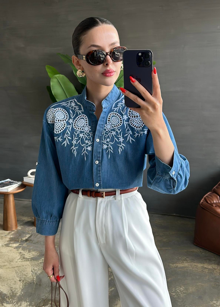 Fisto Detaylı Denim Gömlek MAVİ