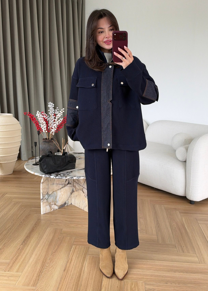 Fitilli Denim Detay Takım LACİVERT