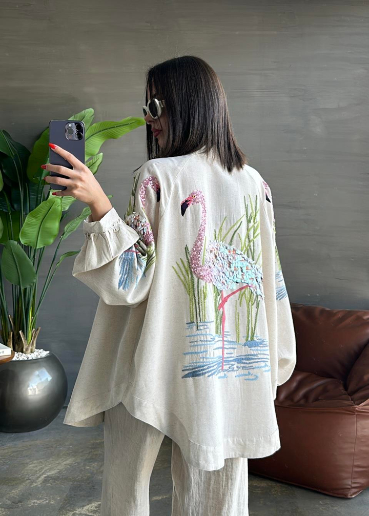 Flamingo Nakışlı ve Pullu Kimono NATUR