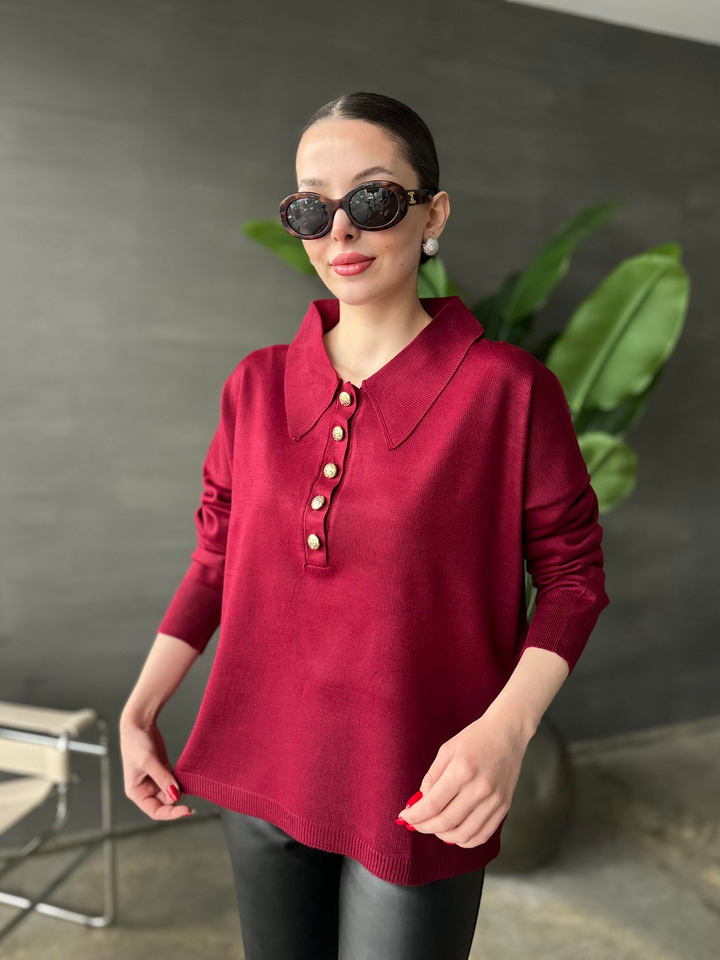 Gold Düğmeli Polo Yaka Kazak BORDO