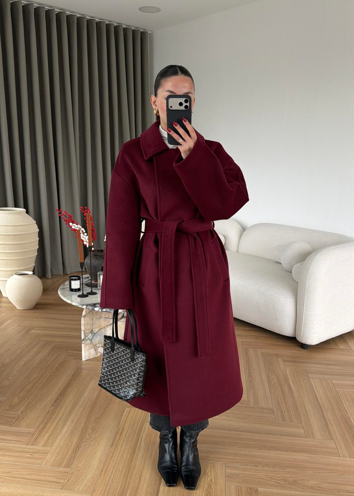 Gömlek Yakalı Kuşaklı Kaban BORDO