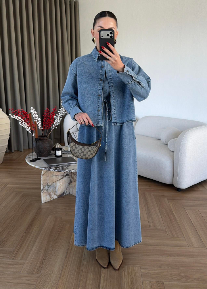 Gömlekli Kolsuz Elbiseli Denim Takım BUZ MAVİ