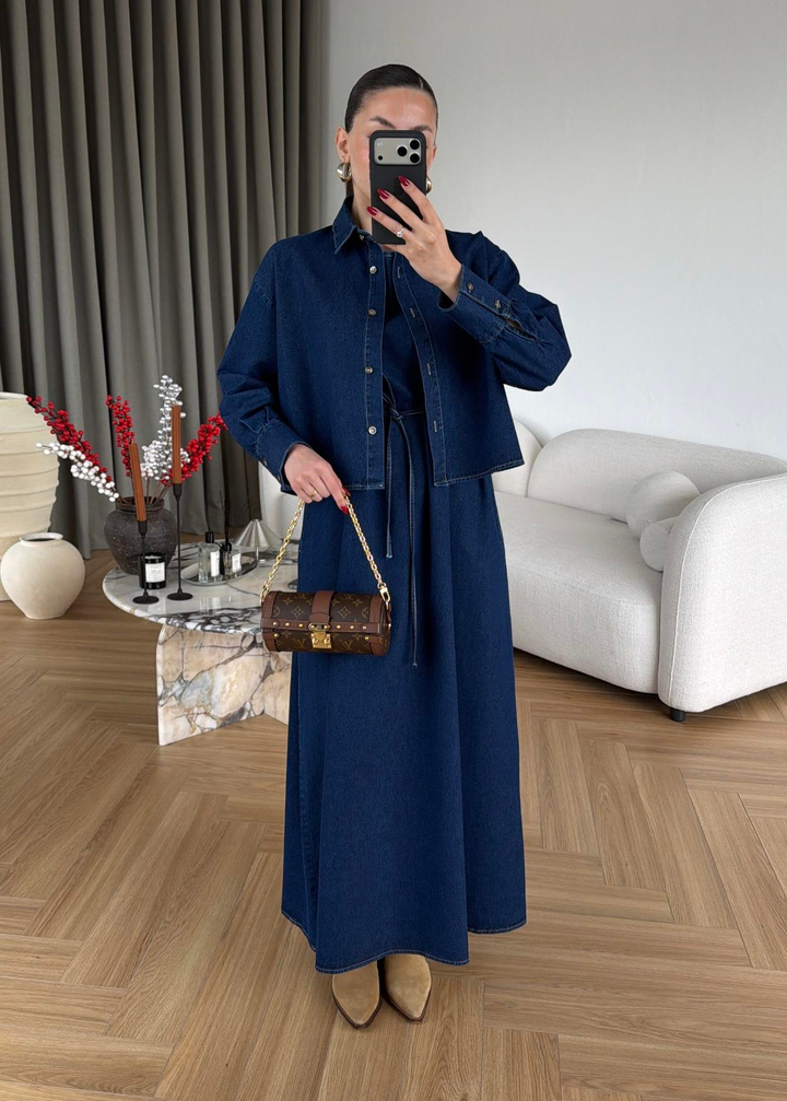 Gömlekli Kolsuz Elbiseli Denim Takım LACİVERT