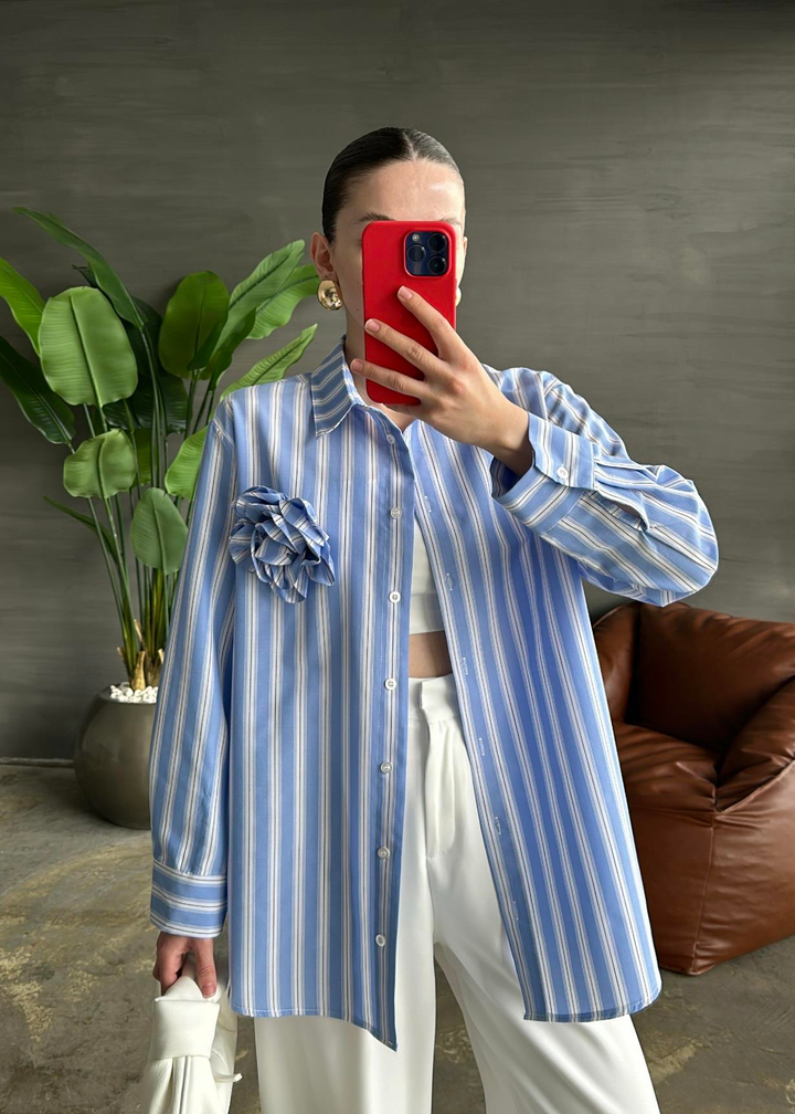 Gül Detaylı Çizgili Poplin Gömlek MAVİ