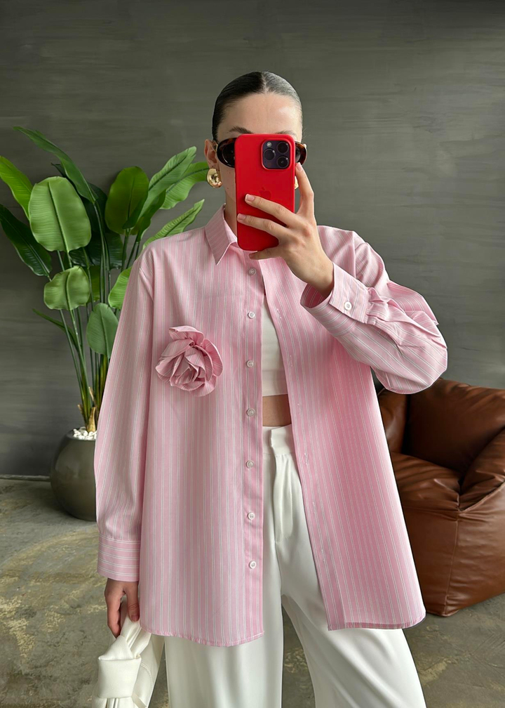 Gül Detaylı Çizgili Poplin Gömlek PEMBE