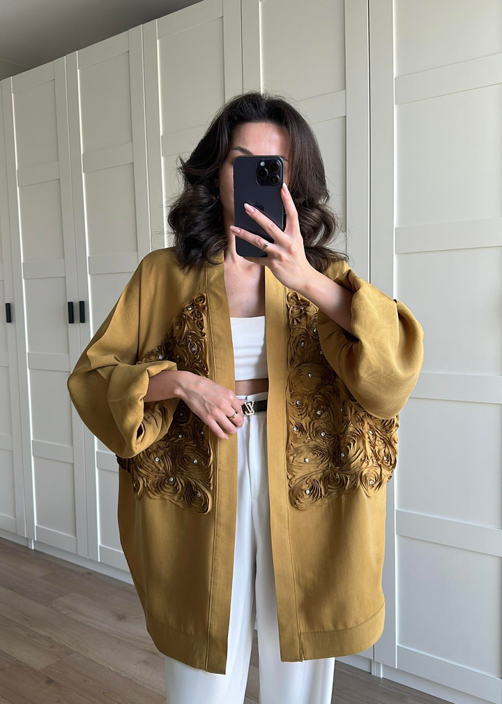 Gül Detaylı Premium Kimono HARDAL