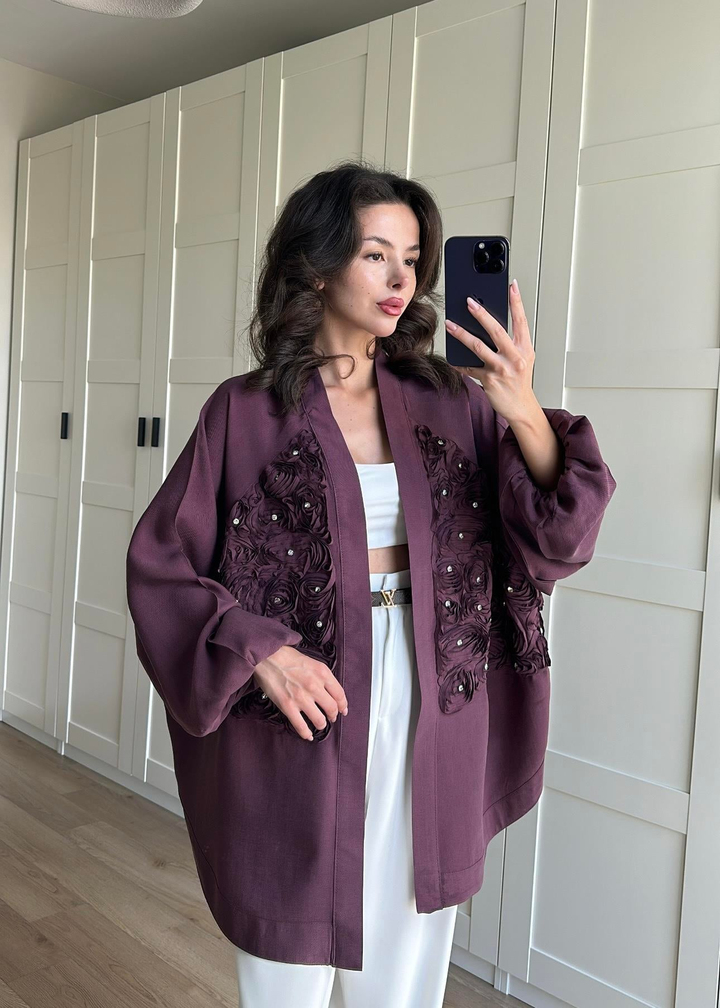 Gül Detaylı Premium Kimono MÜRDÜM