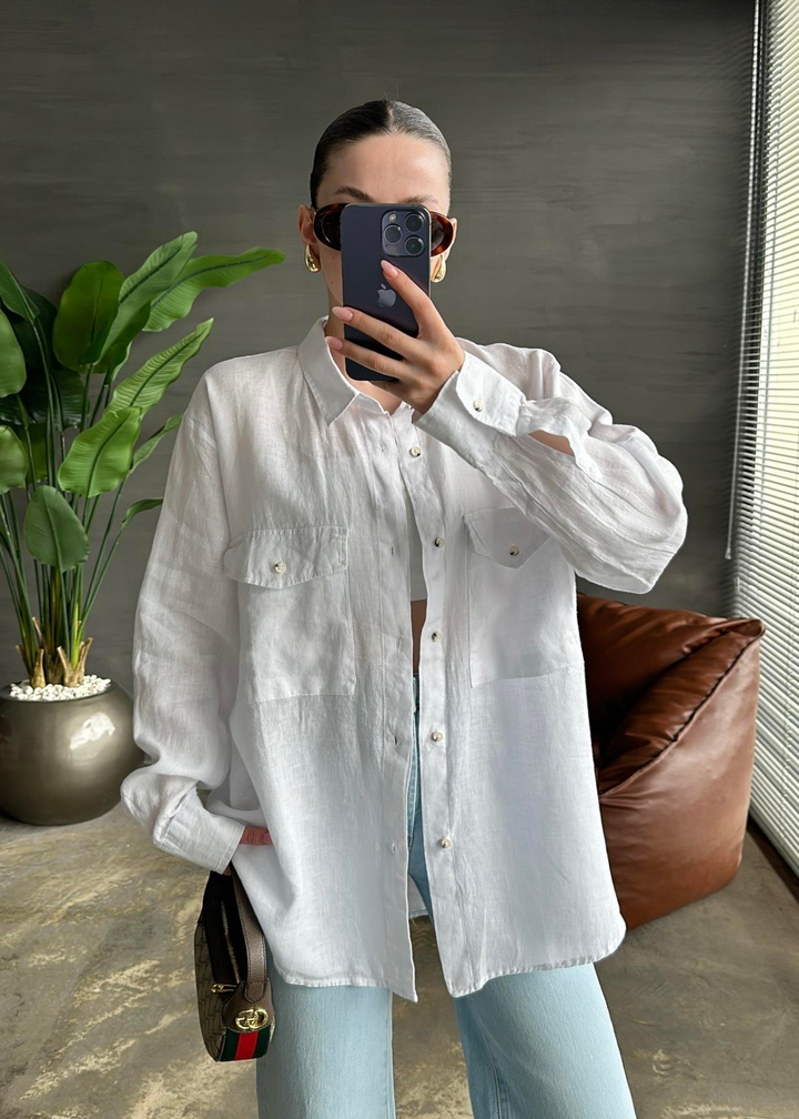 Ham Keten Oversize Uzun Gömlek BEYAZ