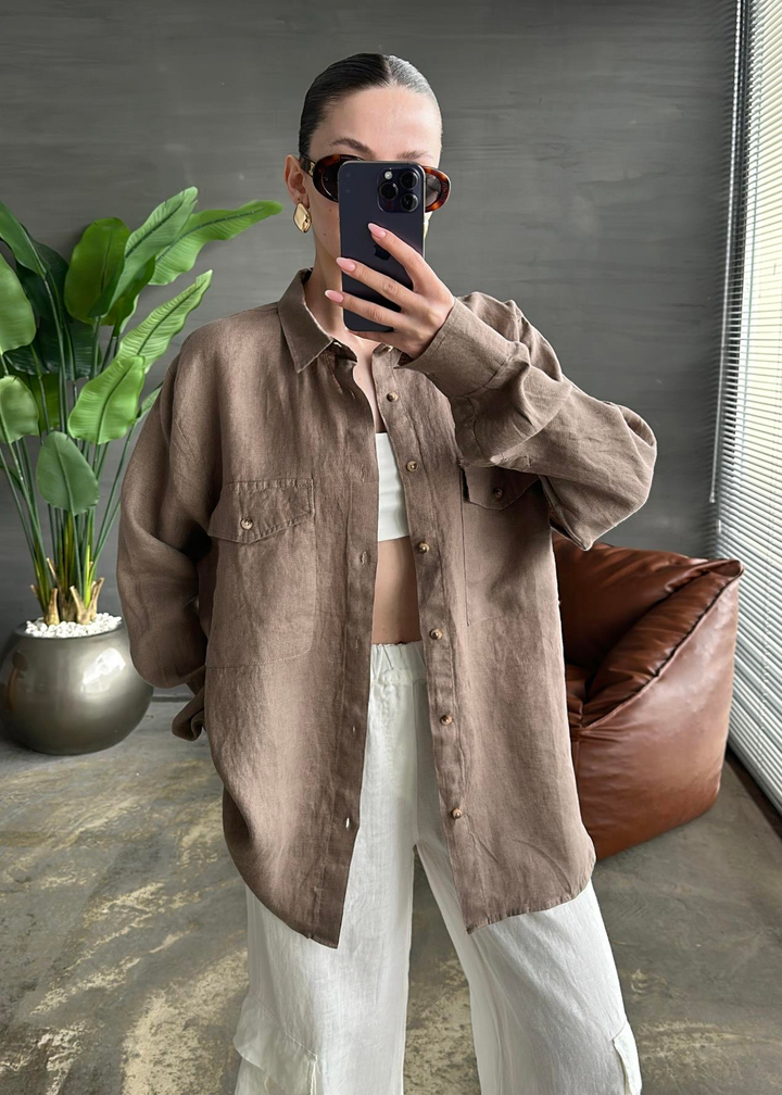Ham Keten Oversize Uzun Gömlek KAHVE
