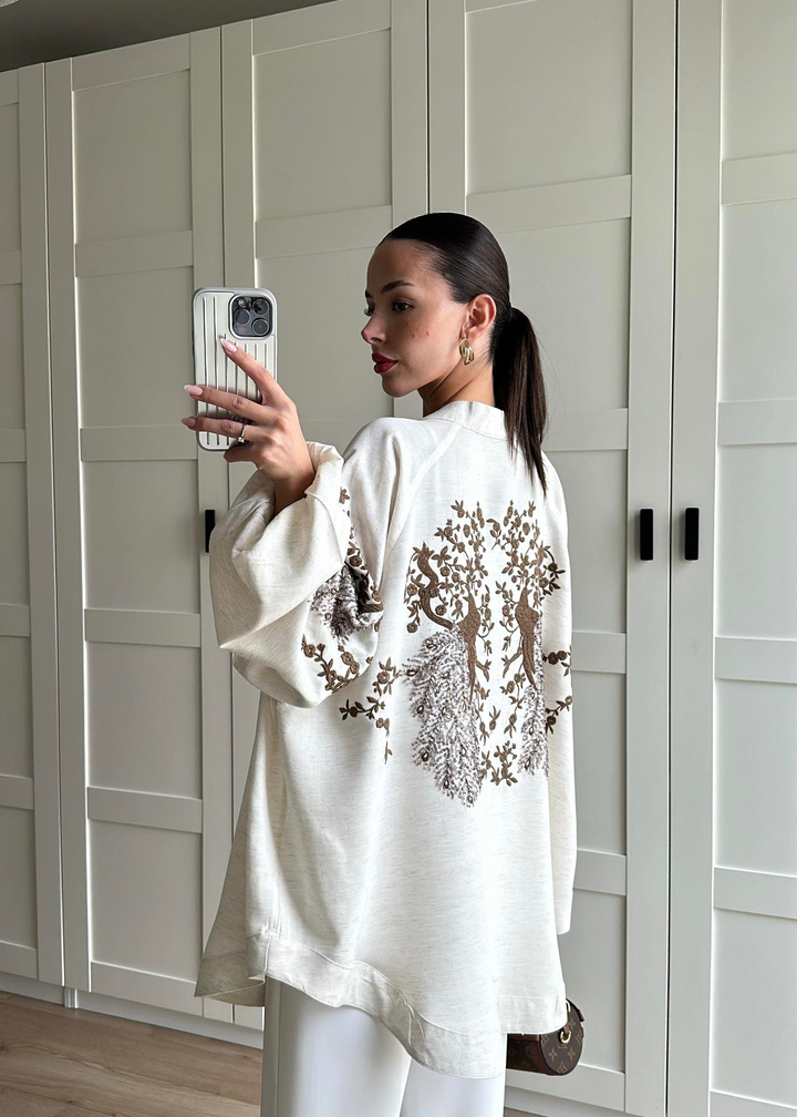 Hayat Ağacı Nakışlı Kimono NATUR
