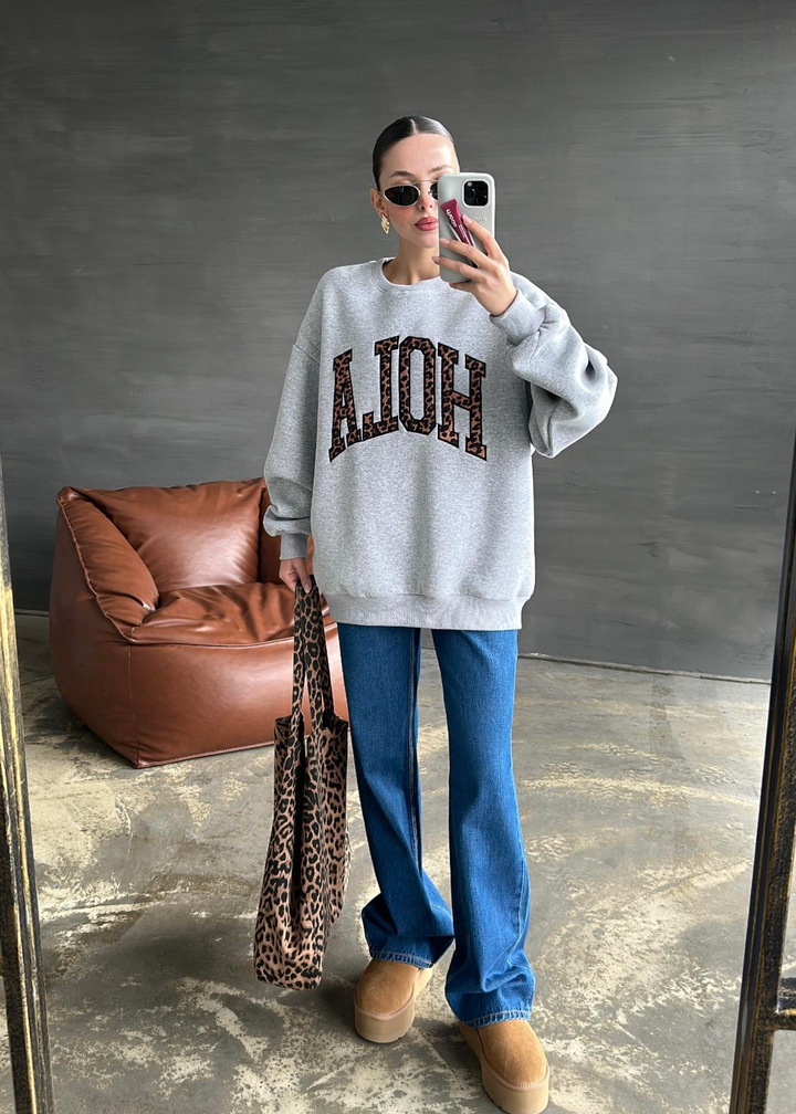 Hola Nakışlı Sweatshirt GRİ