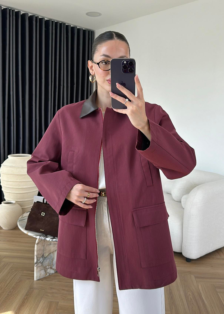 İçi Kapitoneli Yakası Deri Ceket BORDO