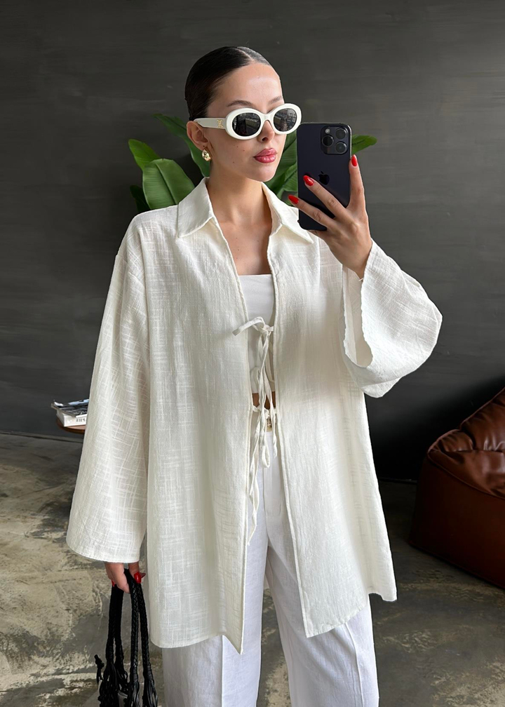 İki Bağcıklı Uzun Kimono BEYAZ