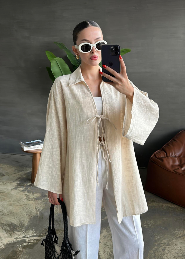 İki Bağcıklı Uzun Kimono NATUR