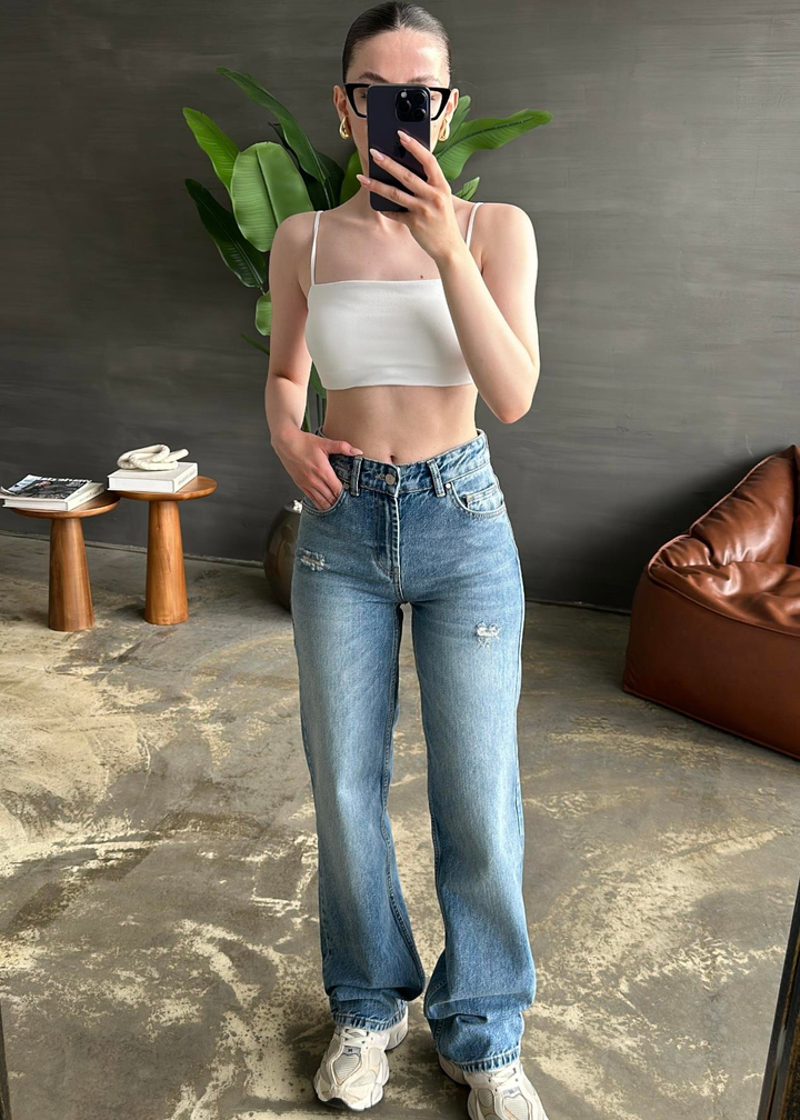 İki Yırtıklı Straight Fit Jean MAVİ