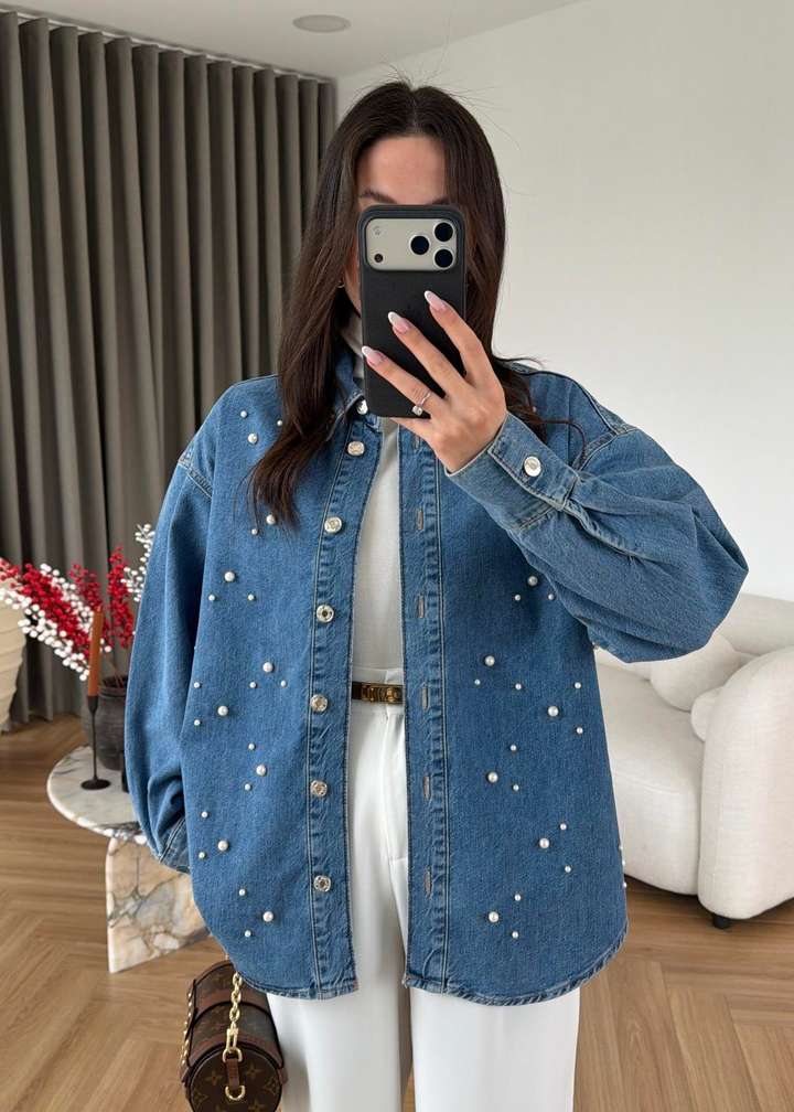 İncili Denim Gömlek Ceket MAVİ