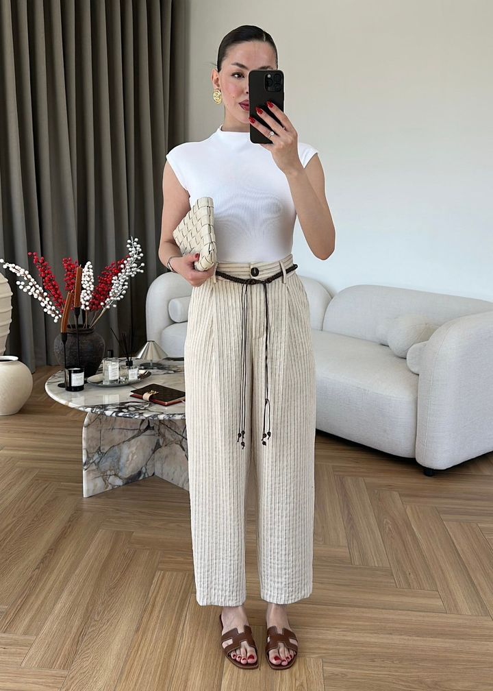 İp Kemerli Keten Pantolon NATUR