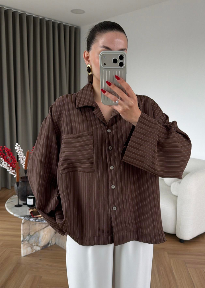 Jakarlı Çizgili Oversize Gömlek KAHVE