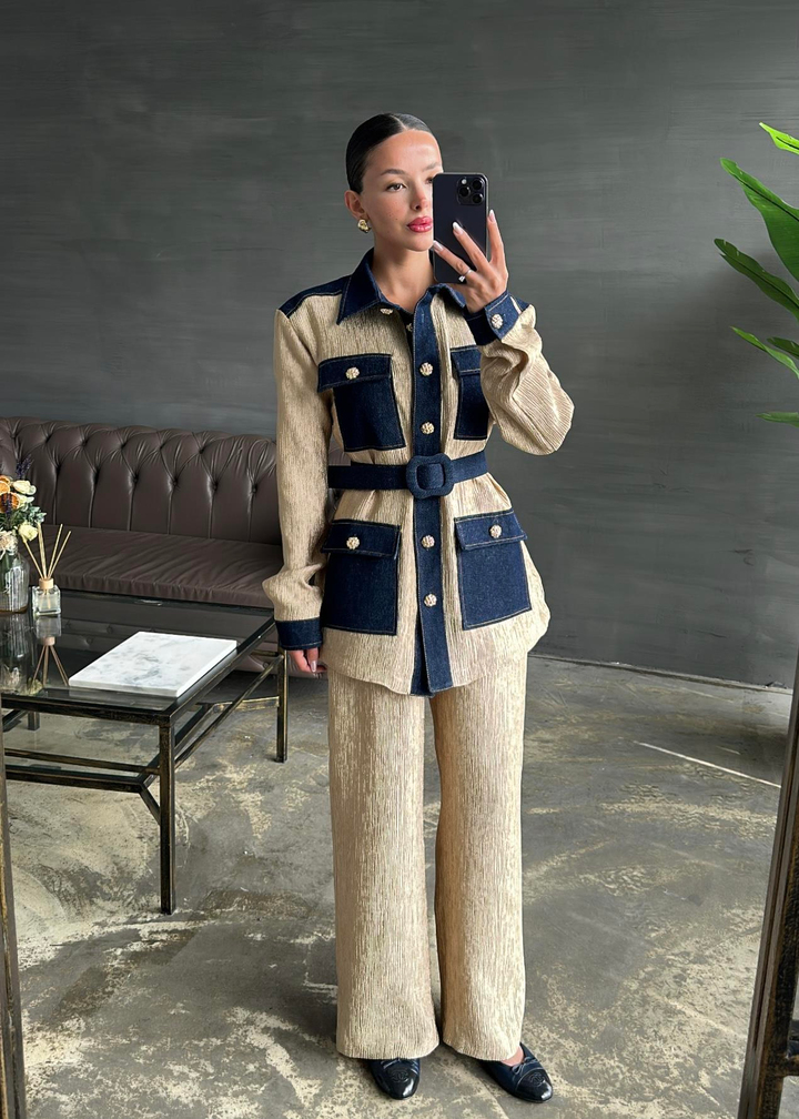 Jakarlı Denim Detaylı Kemerli Takım GOLD