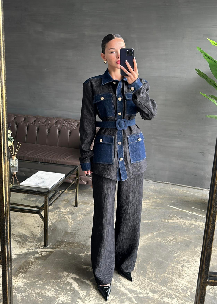 Jakarlı Denim Detaylı Kemerli Takım SİYAH