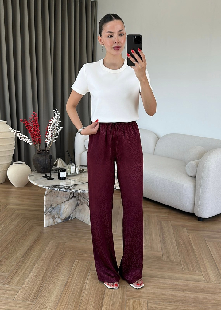 Jakarlı Leopar Desenli Pantolon BORDO