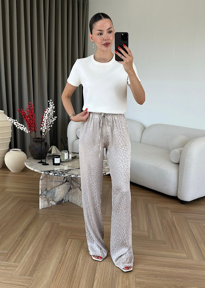 Jakarlı Leopar Desenli Pantolon TAŞ