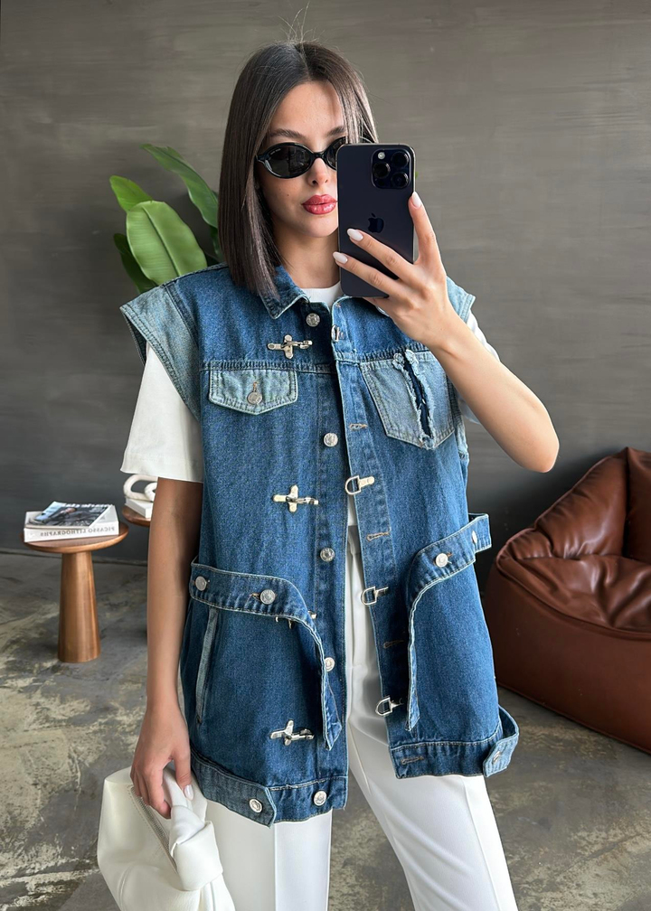 Kanca Detaylı Premium Denim Yelek MAVİ