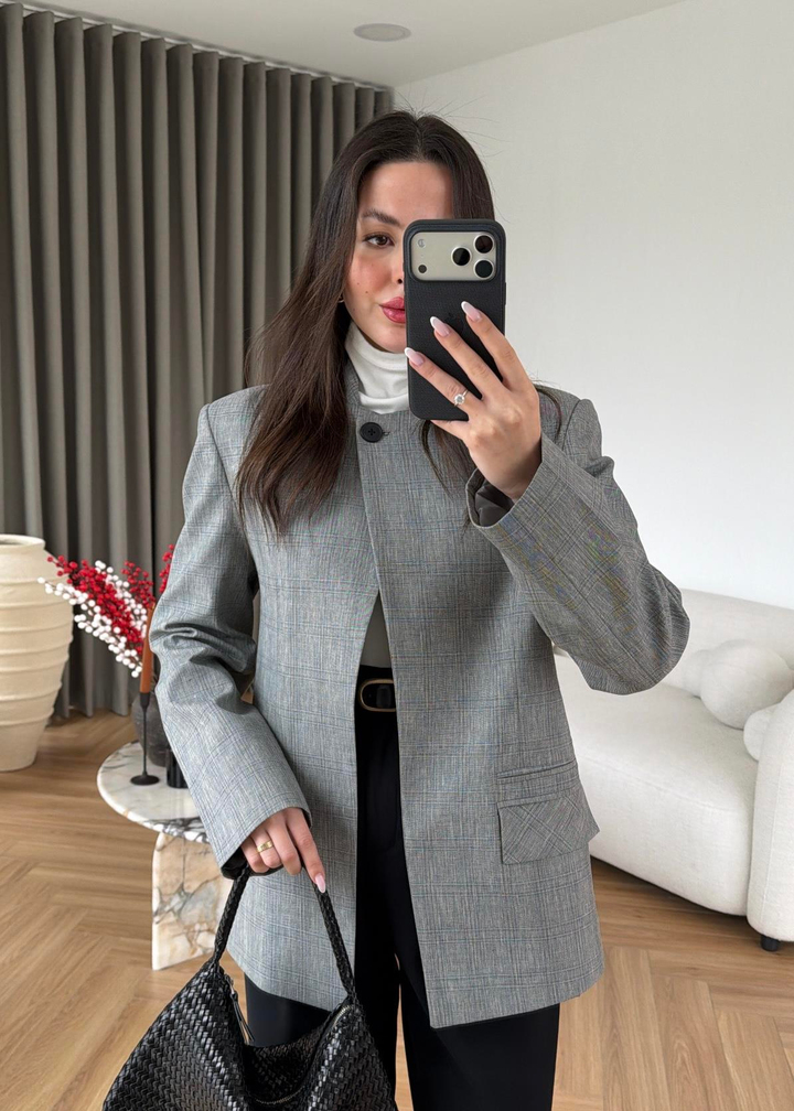 Kareli Arkası Lastikli Ceket GRİ
