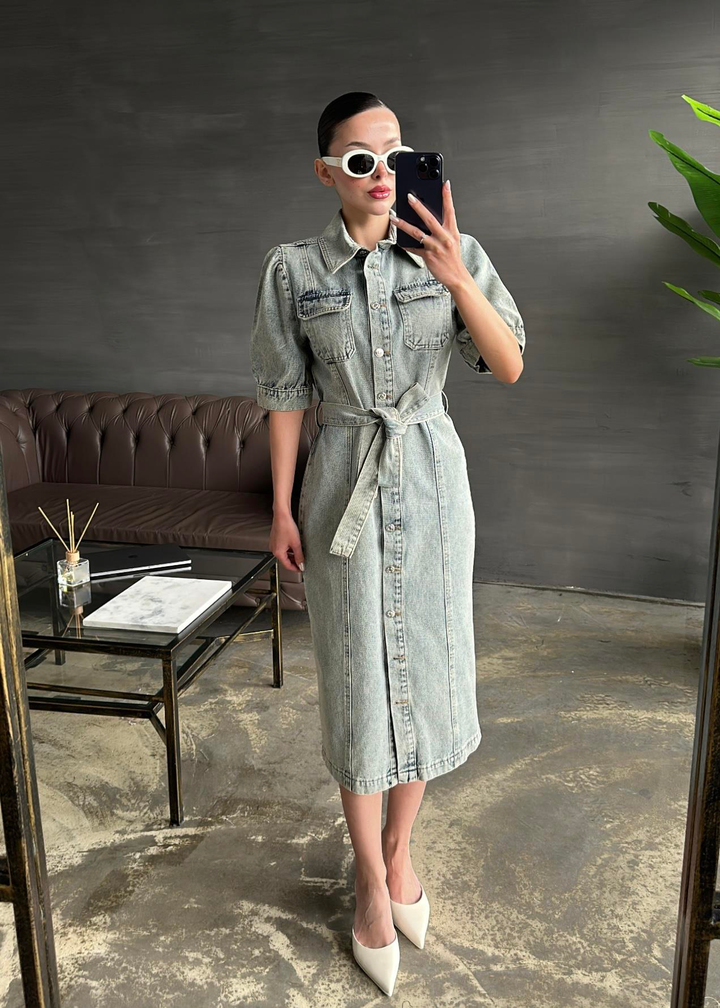 Karpuz Kol Denim Elbise MAVİ