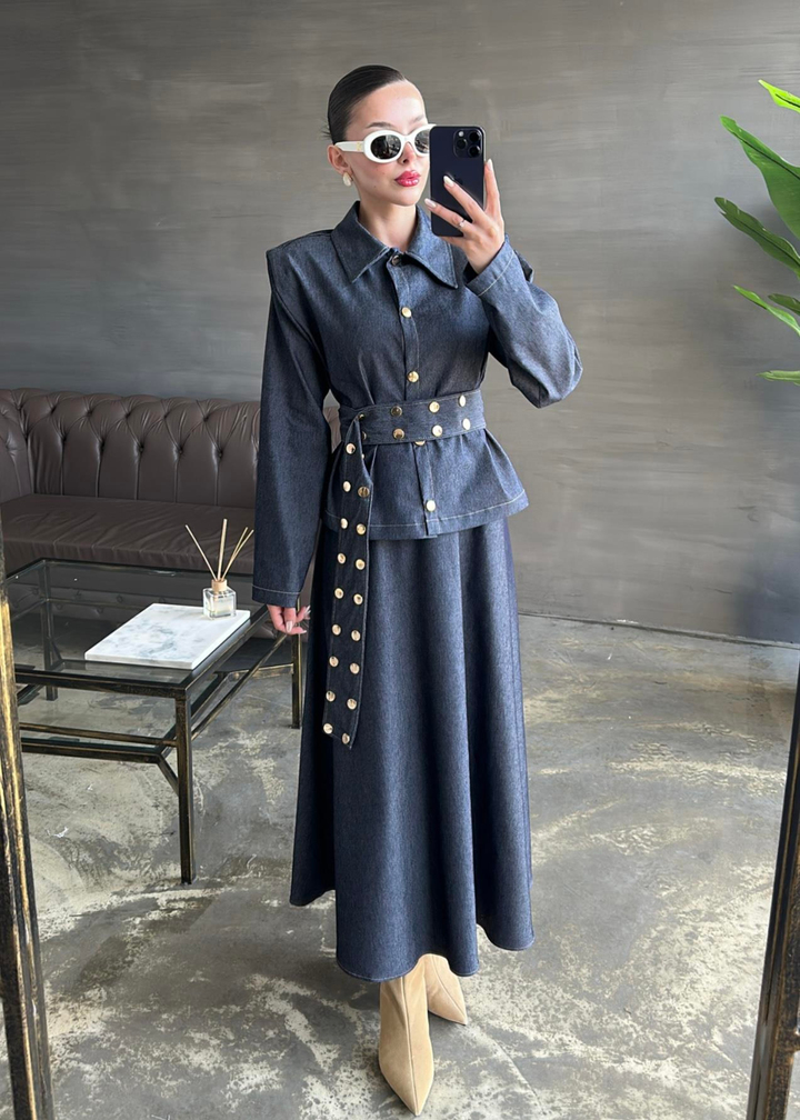 Kemeri Çakımlı Denim Takım LACİVERT