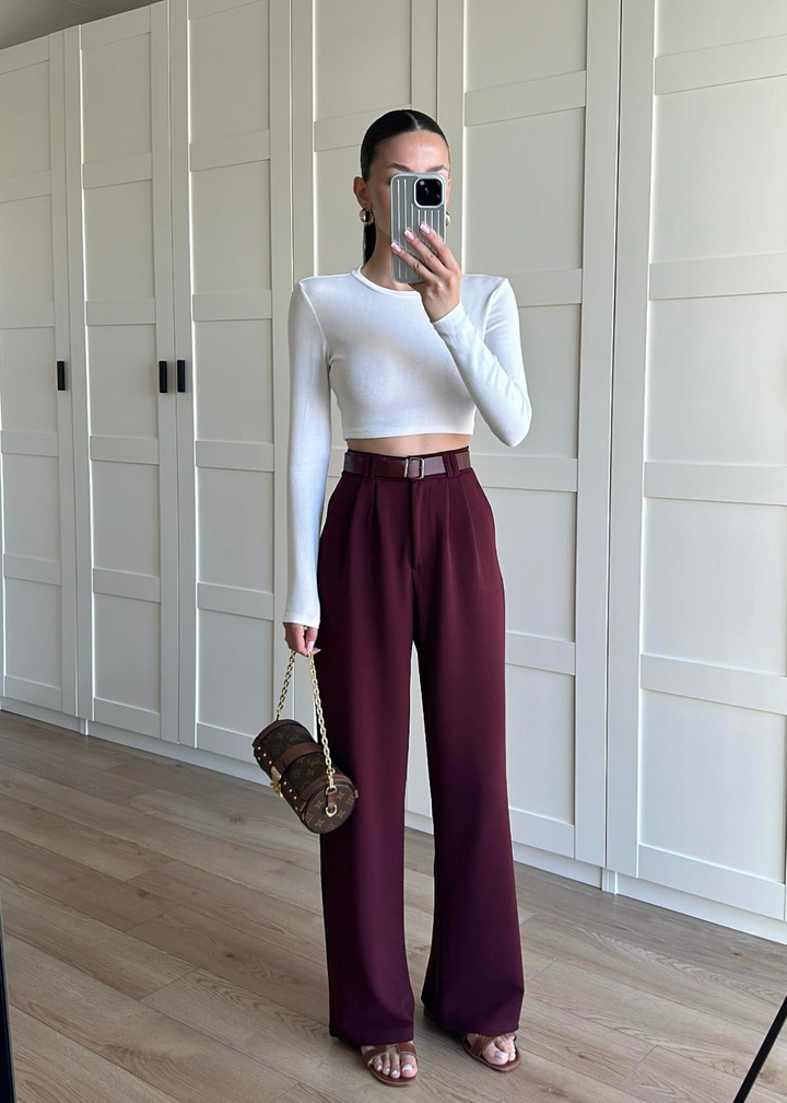 Kemerli Likralı Pantolon BORDO