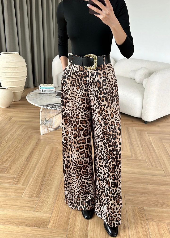 Kemerli Saten Leopar Pantolon RENKLİ