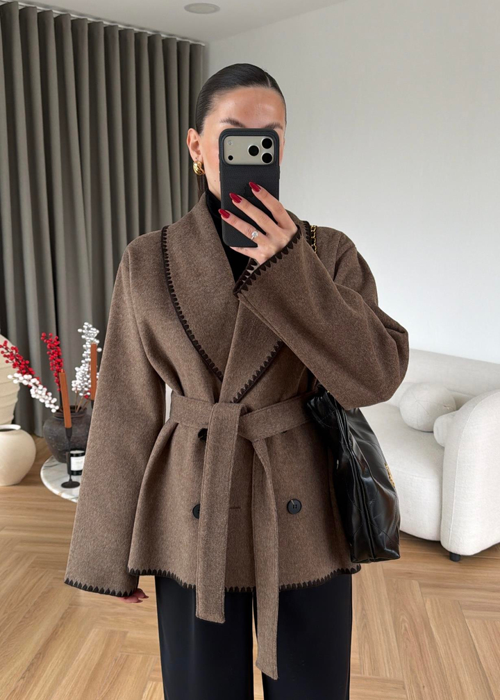 Kenar Dikişli Yün Dokulu Ceket KAHVE