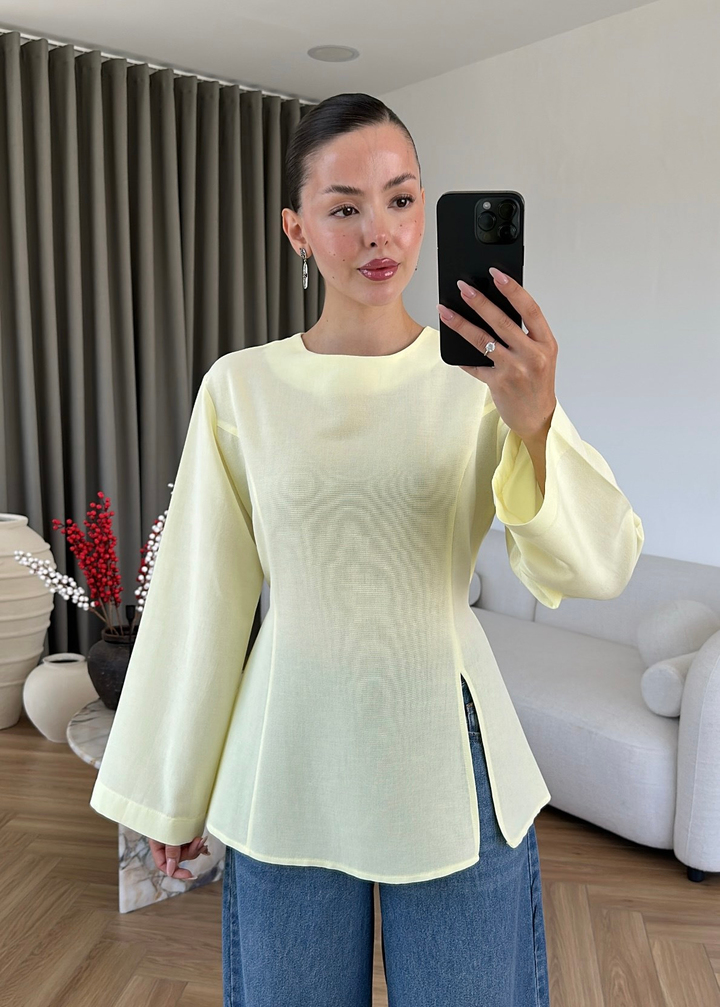 Keten Yırtmaçlı Bluz SARI