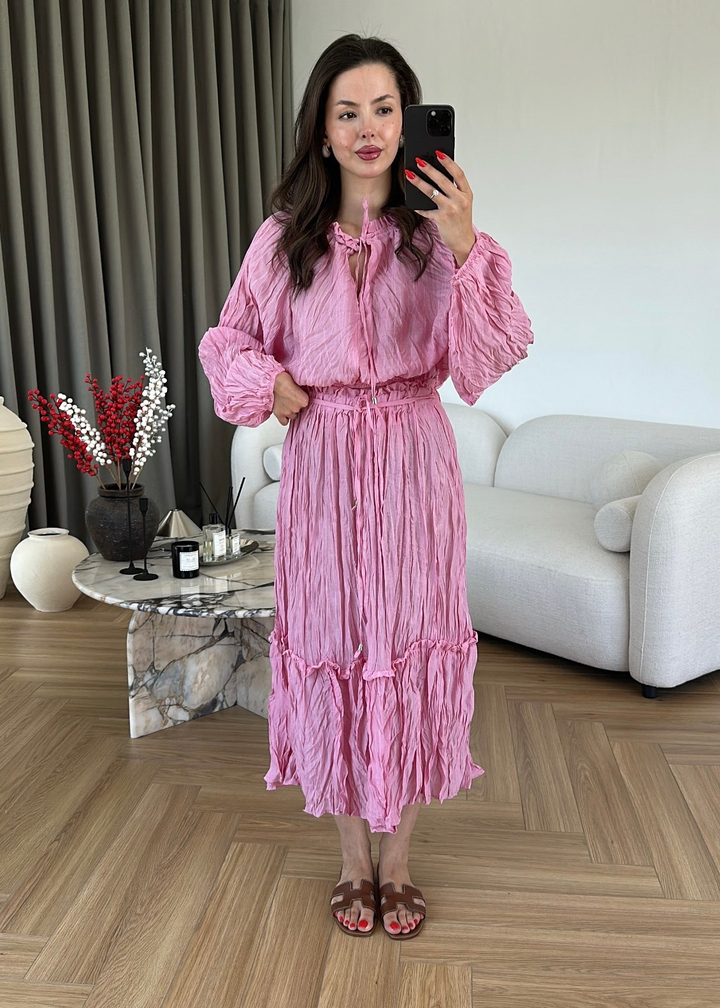 Kırışık Kumaş Etek Crop Takım PEMBE