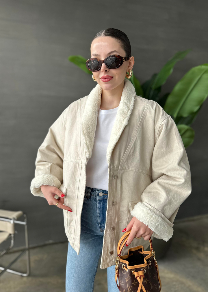 Kürklü Denim Ceket EKRU