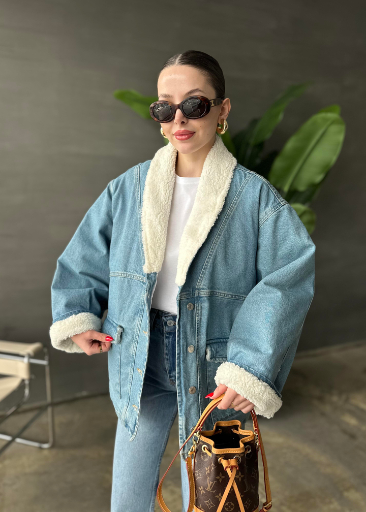 Kürklü Denim Ceket MAVİ