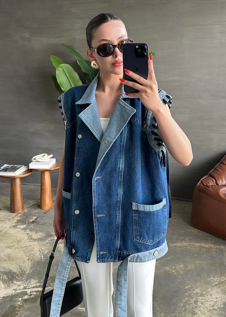 Kuş Gözü Detaylı Denim Yelek Koyu Mavi