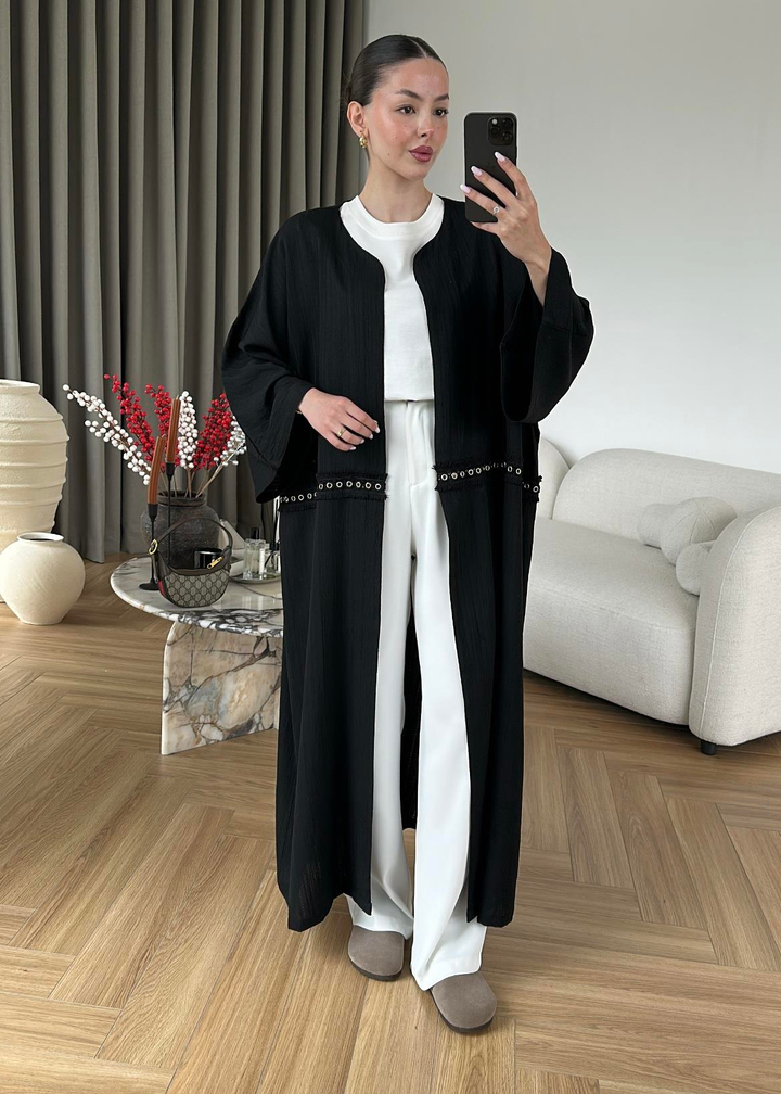 Kuş Gözü Detaylı Kimono SİYAH