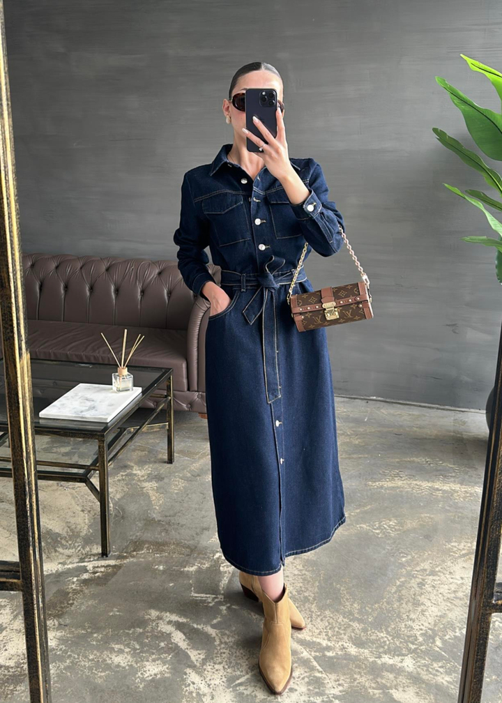Kuşaklı Uzun Denim Elbise LACİVERT